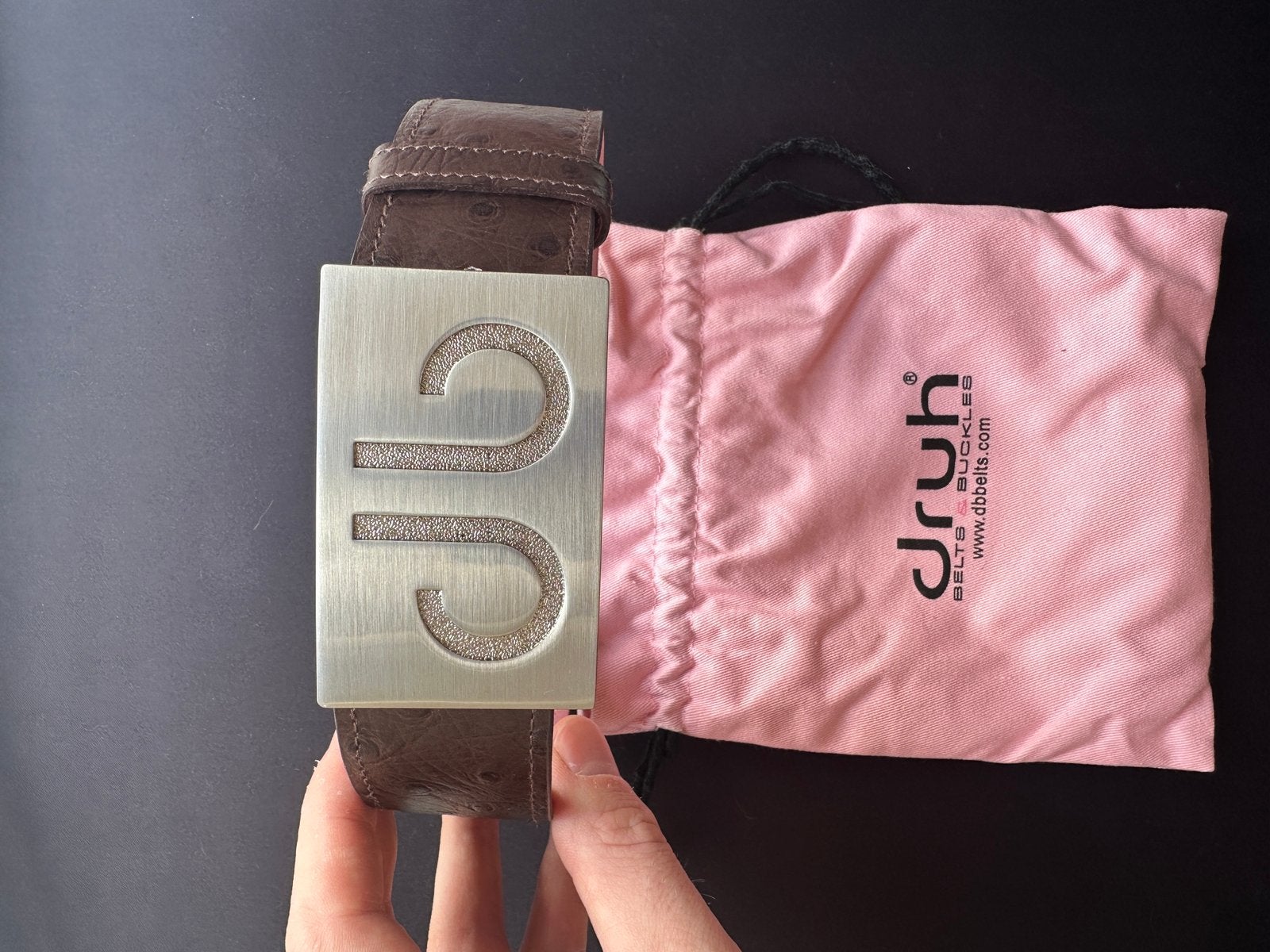 Druh Brown Pink Ostrich Leather Belt Brushed Silver Buckle, Kleding | Heren, Riemen en Ceinturen, Ophalen of Verzenden, Zo goed als nieuw
