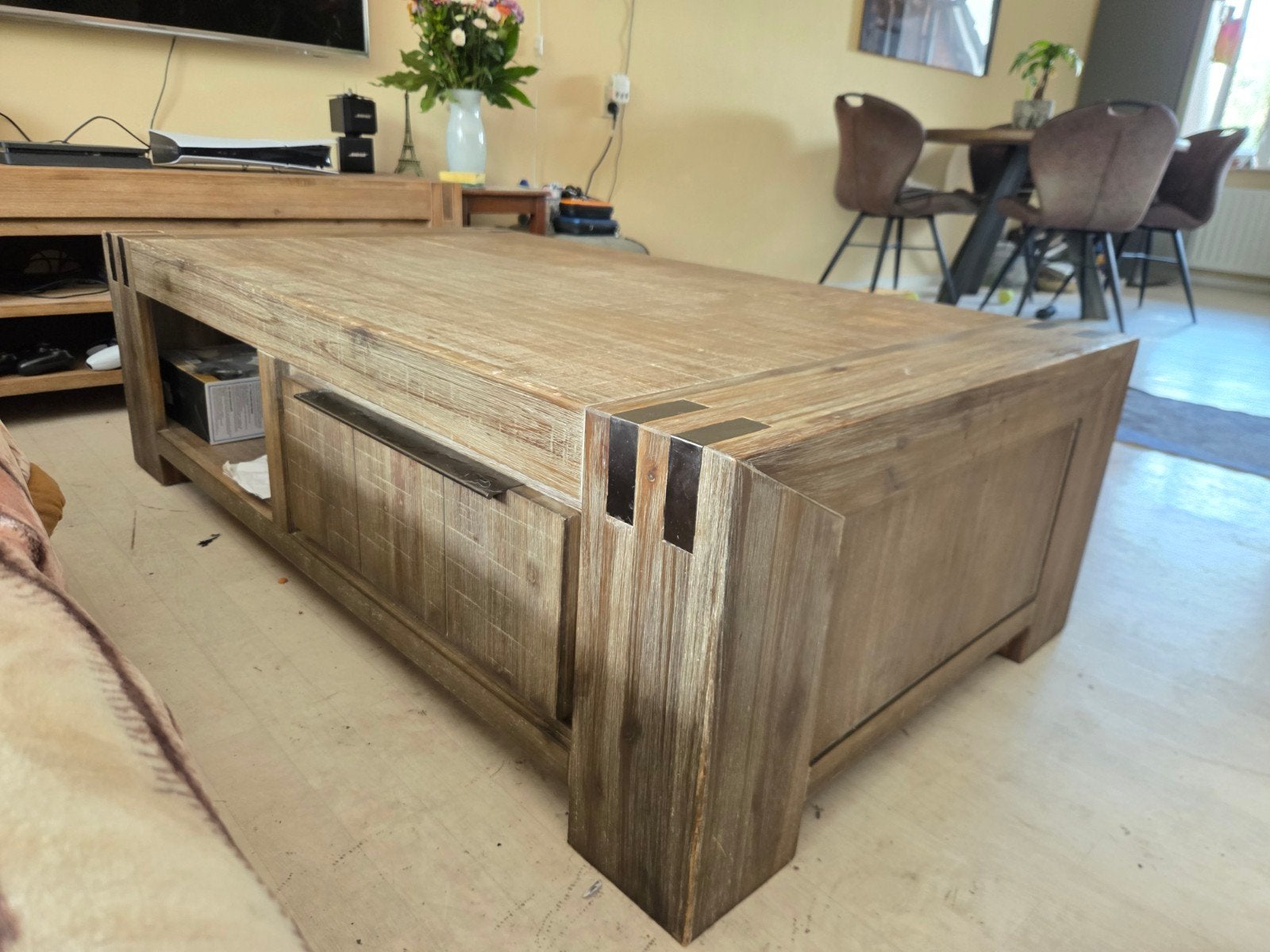 Acacia houten salontafel, Gebruikt, 100 tot 150 cm, Rechthoekig, 50 tot 100 cm