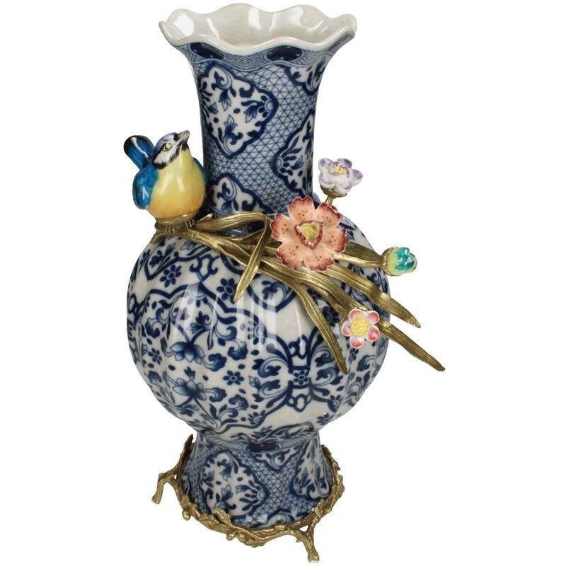 Vaas Vogel Blauw 38x21x26cm Fijn aardewerk, Huis en Inrichting, Woonaccessoires | Vazen, Nieuw, Ophalen of Verzenden, 38 cm, Steen/keramiek