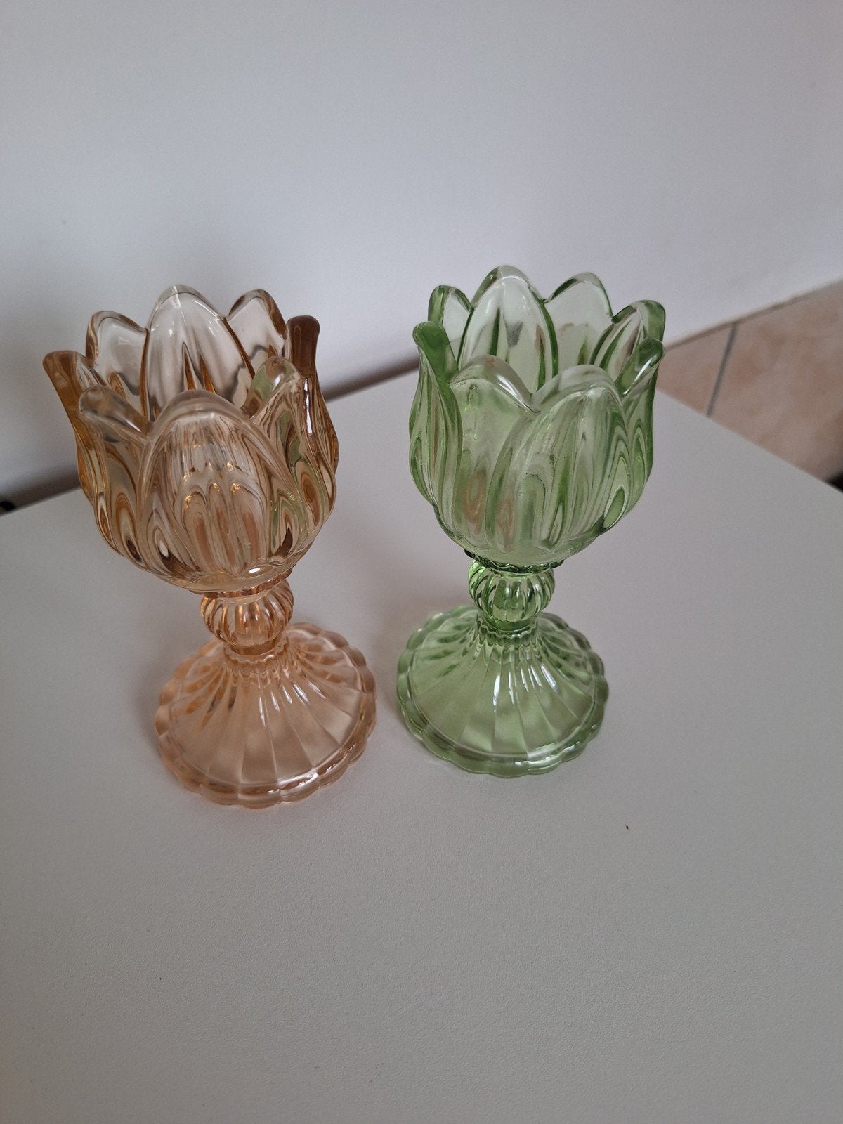 Set van 2 vintage glazen theelichthouders - tulp design, Antiek en Kunst, Ophalen of Verzenden