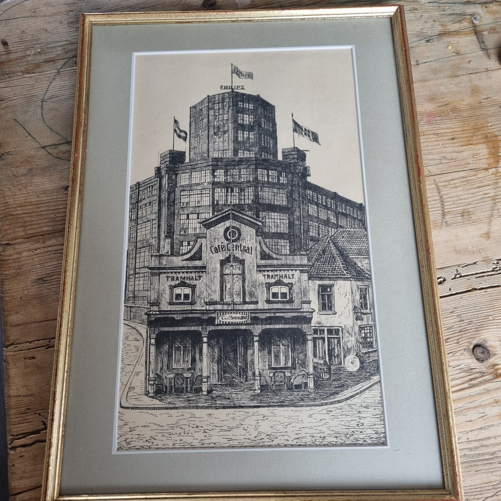 Eindhoven : Originele pentekening met passe-partout 40x60, Ophalen of Verzenden, Tekening, Pentekening, Met passe-partout
