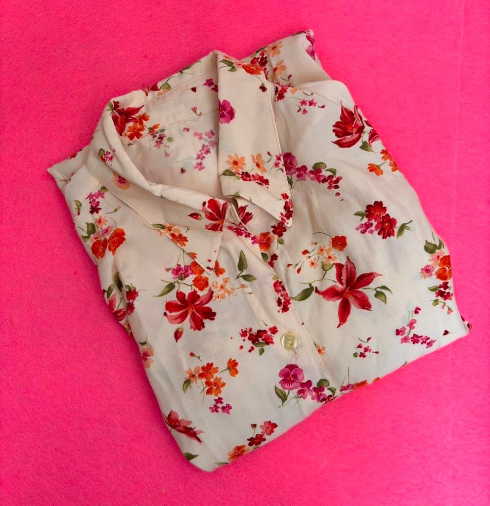 MARCA vintage blouse korte mouw bloemen rood roze zand 38/M, Kleding | Dames, Ophalen of Verzenden, Zo goed als nieuw, Maat 38/40 (M)