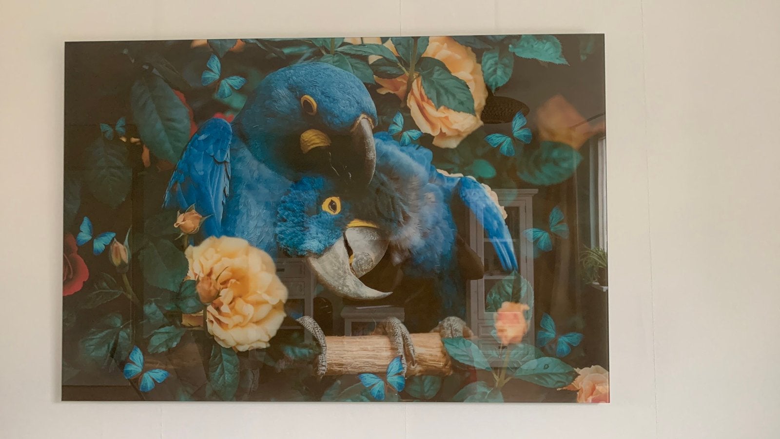Mooi schitterend glas schilderij van 2 blauwe papegaaien, Ophalen