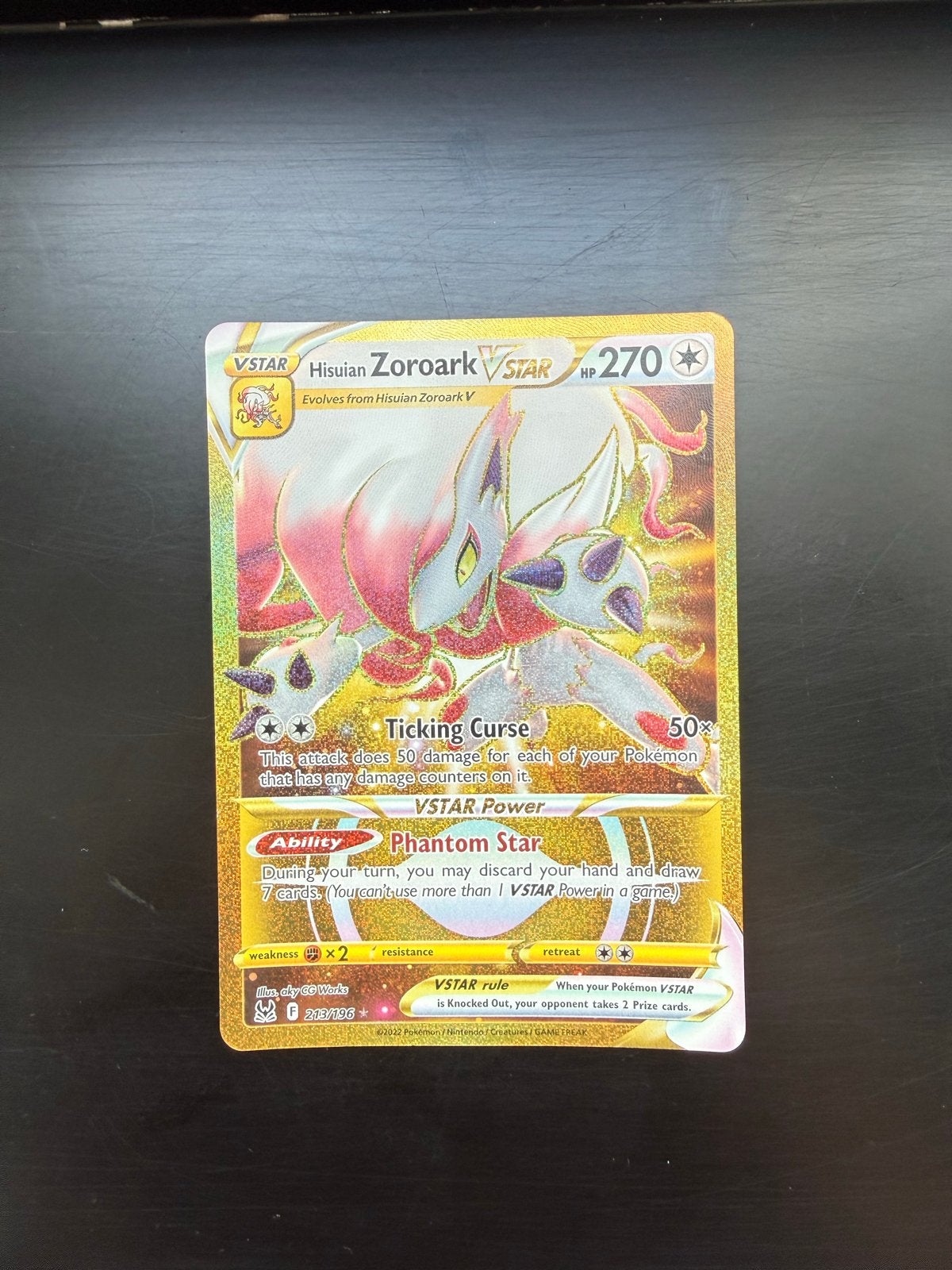 Hisuian Zoroark VSTAR Pokémon kaart 213/196 (Goud), Ophalen of Verzenden, Zo goed als nieuw, Losse kaart, Foil