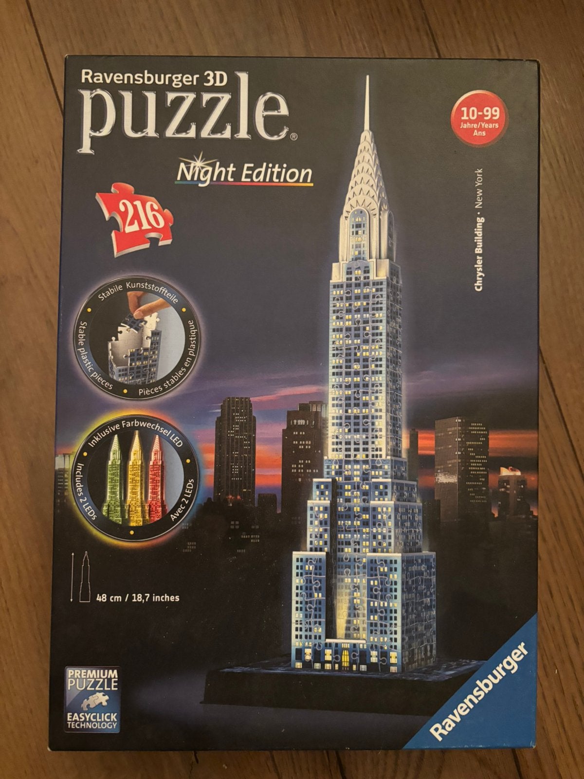 Ravensburger 3D puzzel Chrysler Building Night Edition LED, Ophalen of Verzenden, Minder dan 500 stukjes, Gebruikt, Rubik's of 3D-puzzel