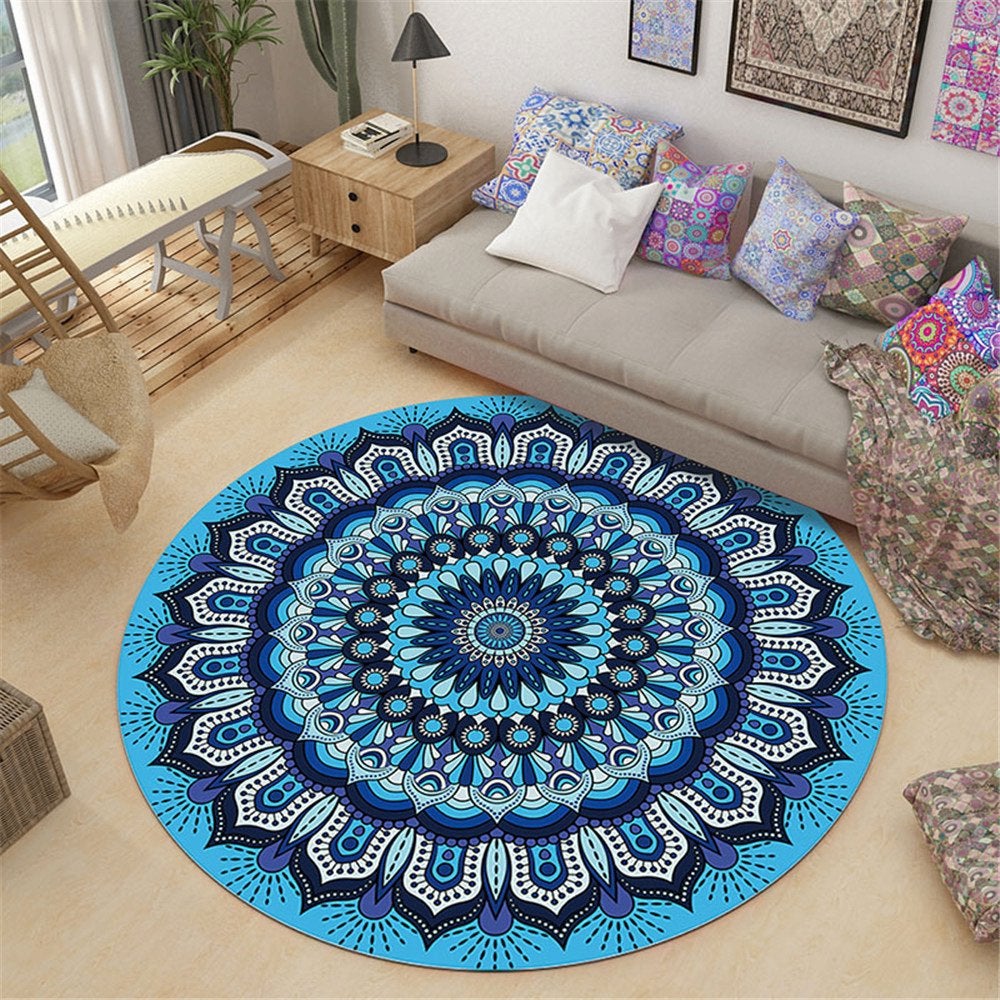 Blauw Mandala Rond Vloerkleed / Tapijt Mat Lotus India Yoga, 100 tot 150 cm, Rond, Nieuw, Verzenden