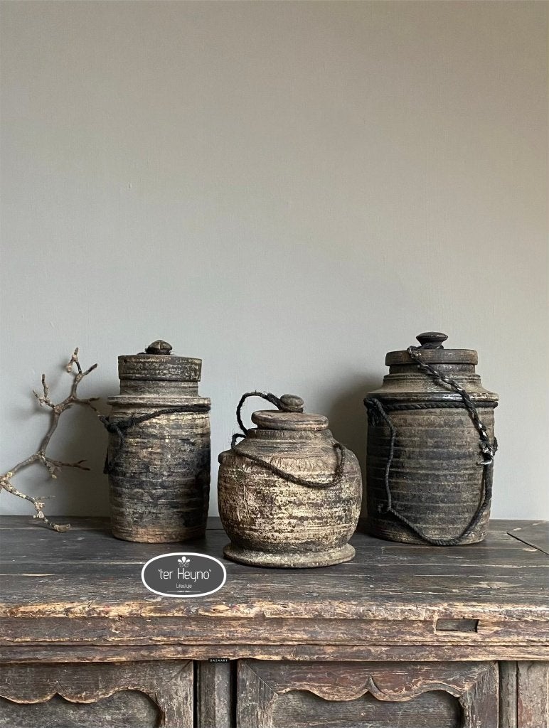 Oude houten kruik pot met deksel hout stoer sober landelijk, Verzenden, Handgemaakt, Overige vormen, Hout