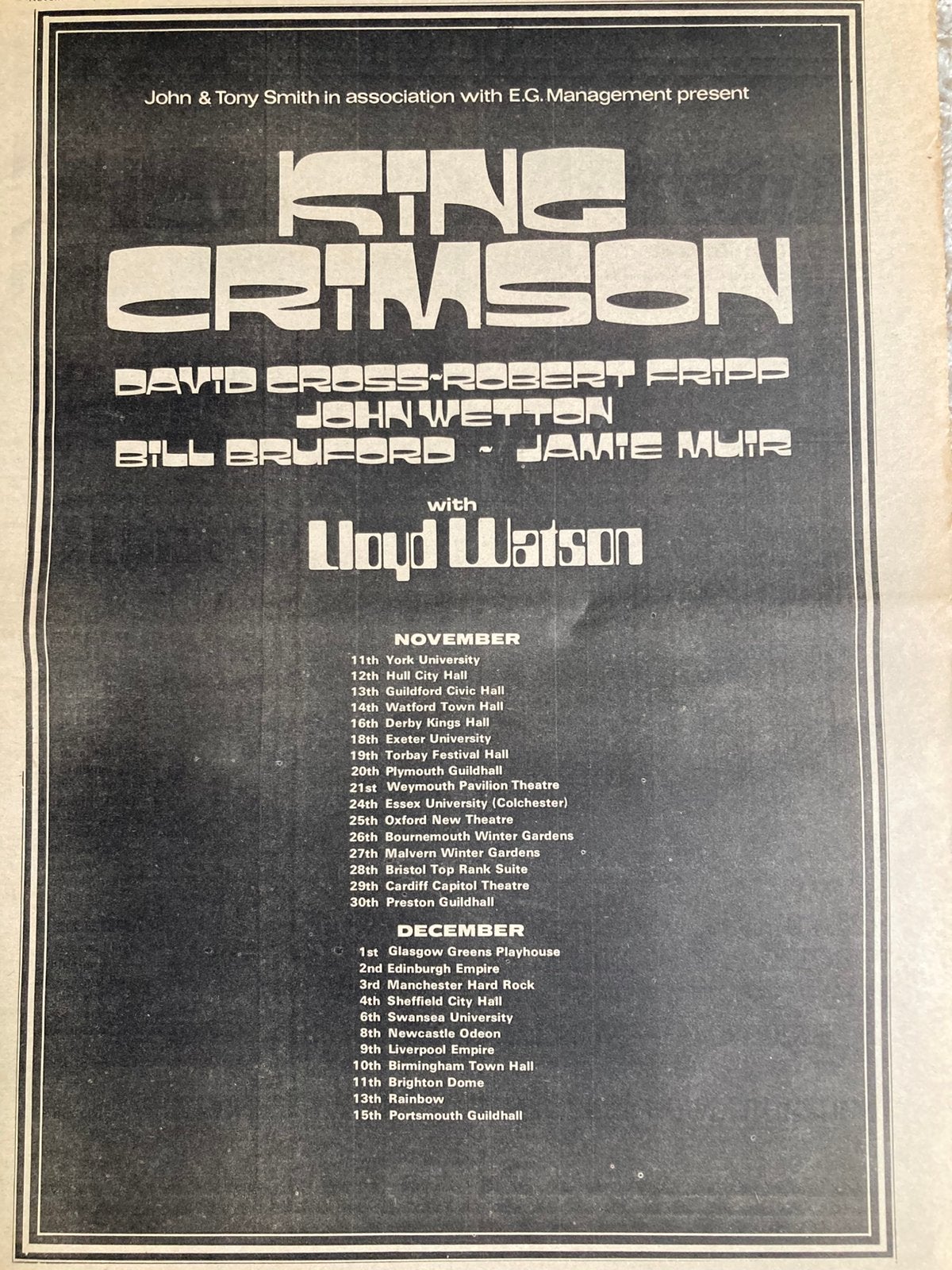 Paginagrote A3 advertentie KING CRIMSON tour, Ophalen of Verzenden