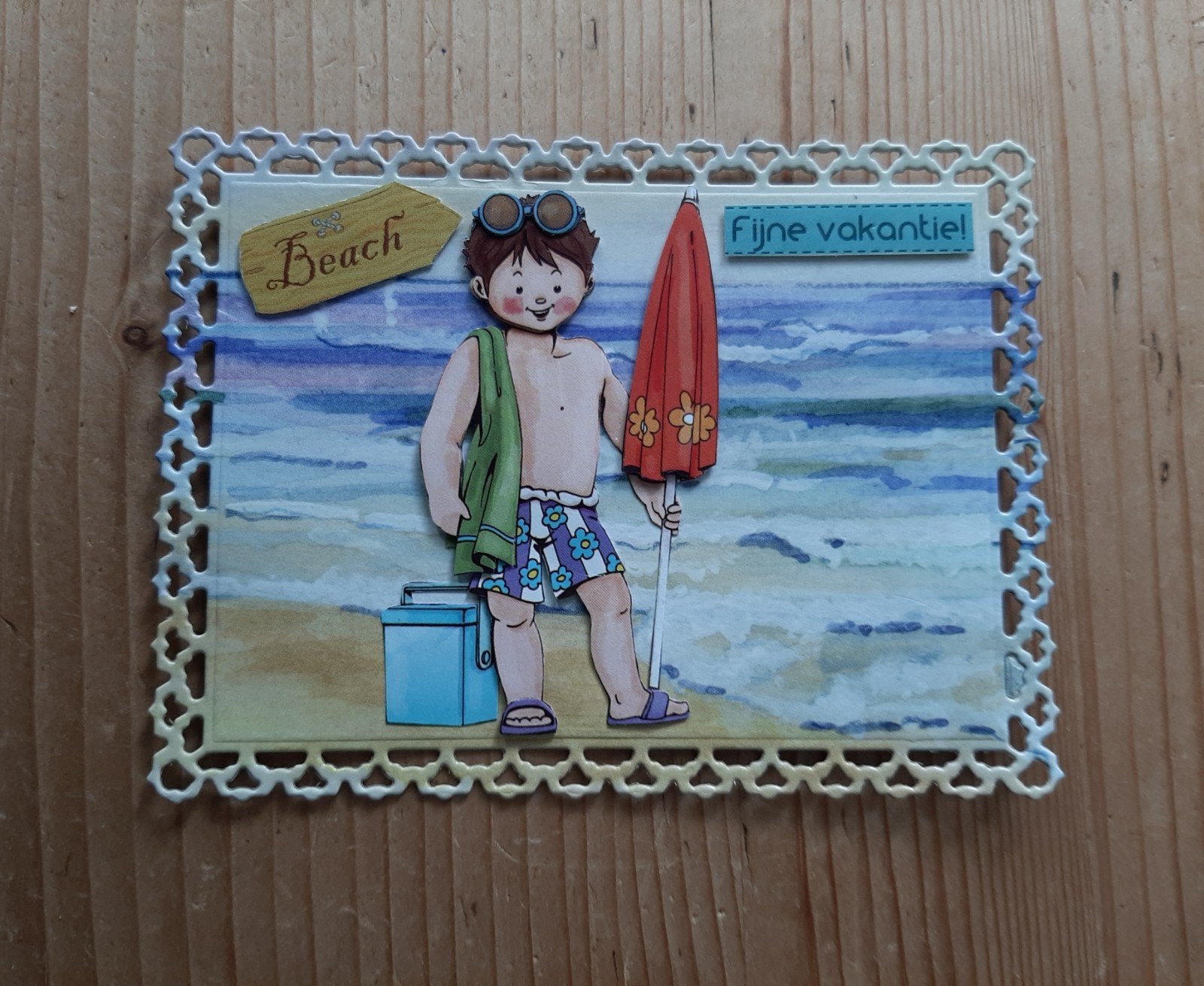 Stans kaart opleg met 3d plaatje vakantie jongen op strand, Ophalen of Verzenden, Nieuw, Overige thema's