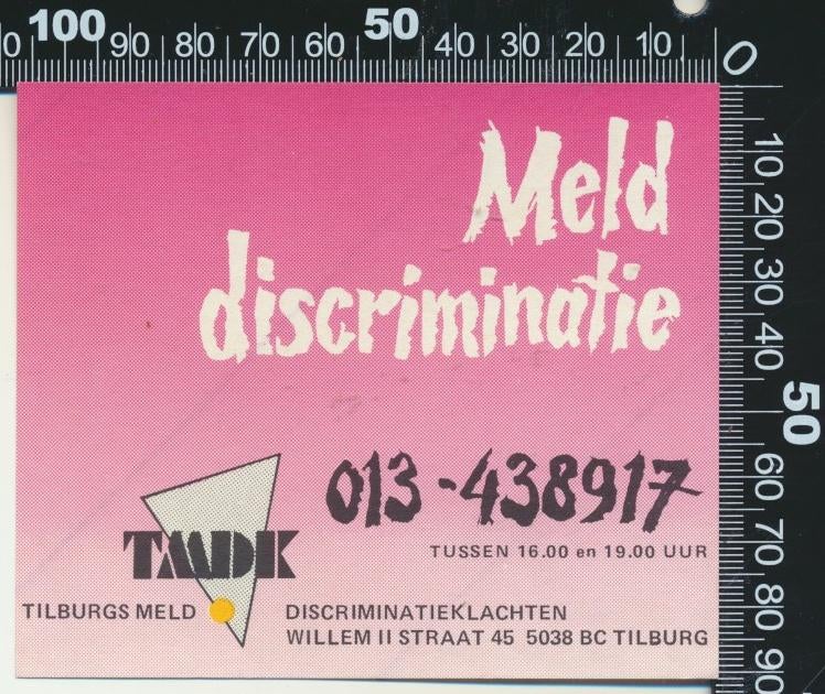 Sticker: Tilburgs Meld Discriminatieklachten - Tilburg (3), Ophalen of Verzenden, Zo goed als nieuw, Bedrijf of Vereniging