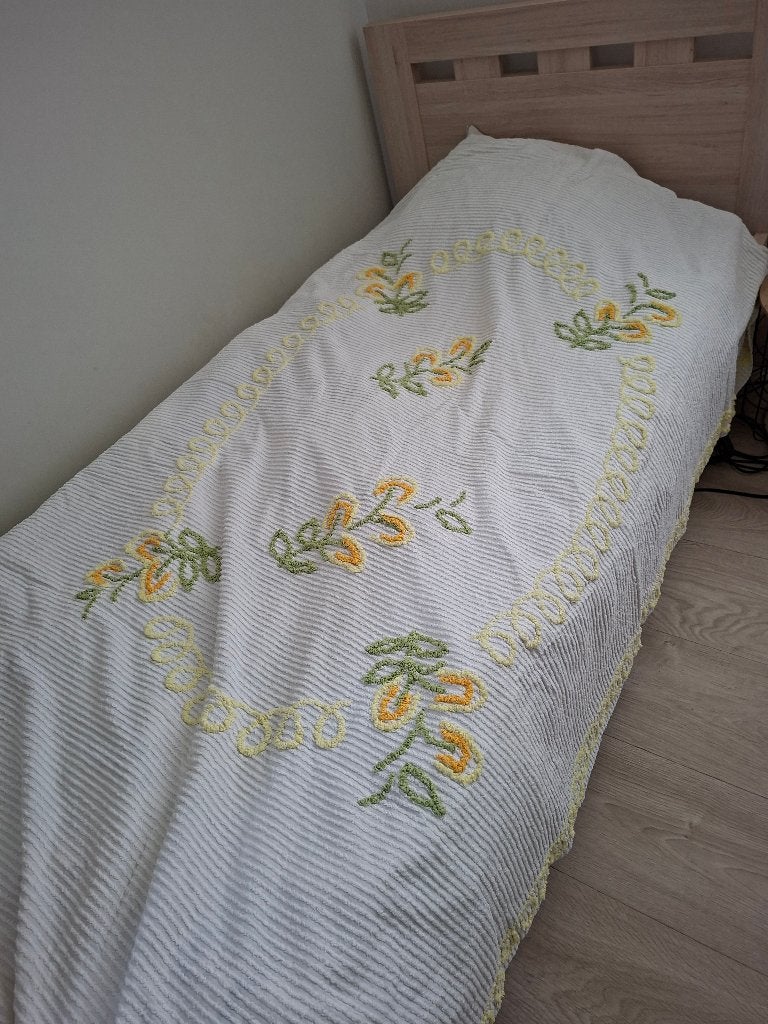 Retro Vintage bedsprei, Eenpersoons, Beige, Katoen, Ophalen of Verzenden