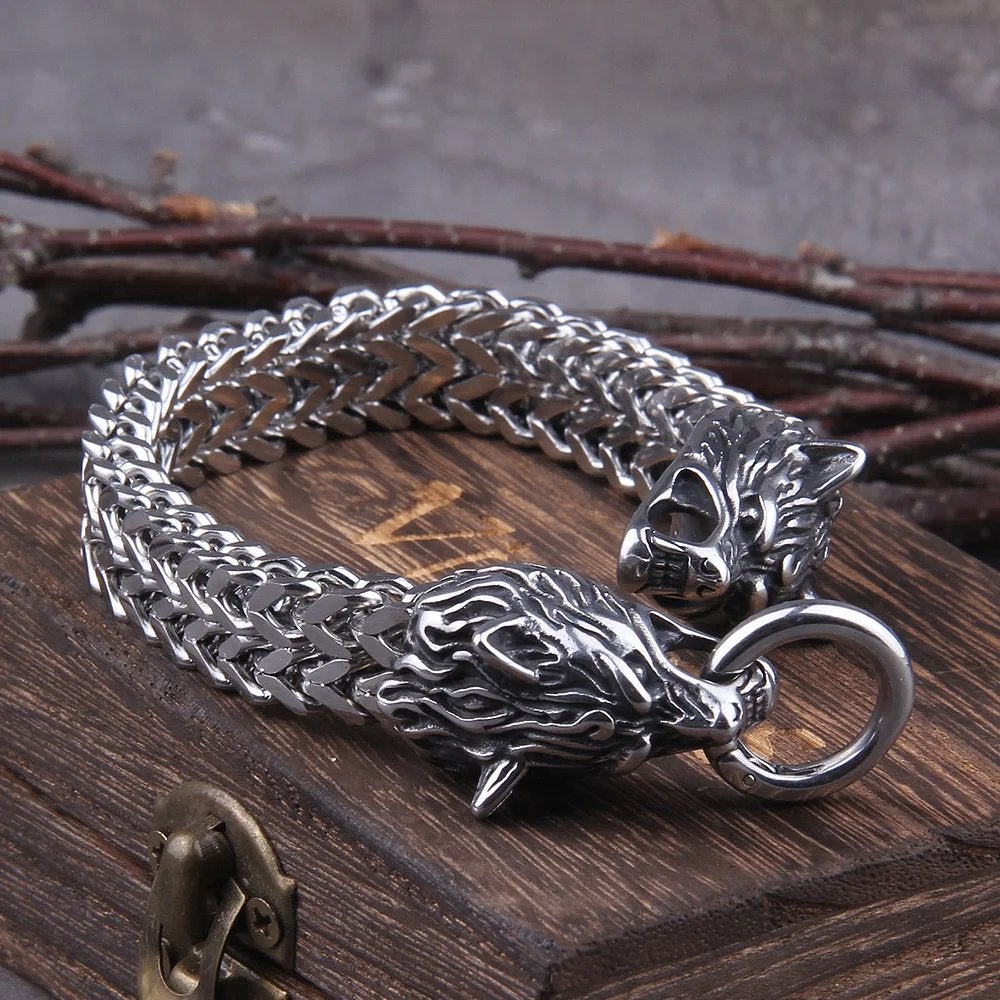 Wolven Stalen Heren Armband / Viking Noorse Wolf Nordic, Verzenden, Nieuw, Zilver, Staal