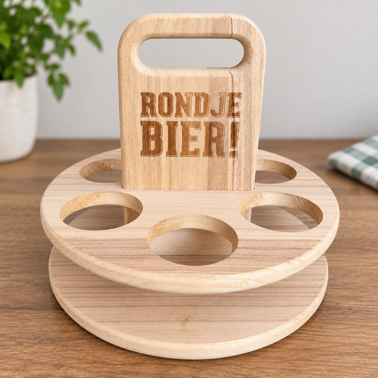 Houten bierdrager 'Rondje Bier!' - 6 flesjes, Overige typen, Hout, Ophalen of Verzenden, Zo goed als nieuw
