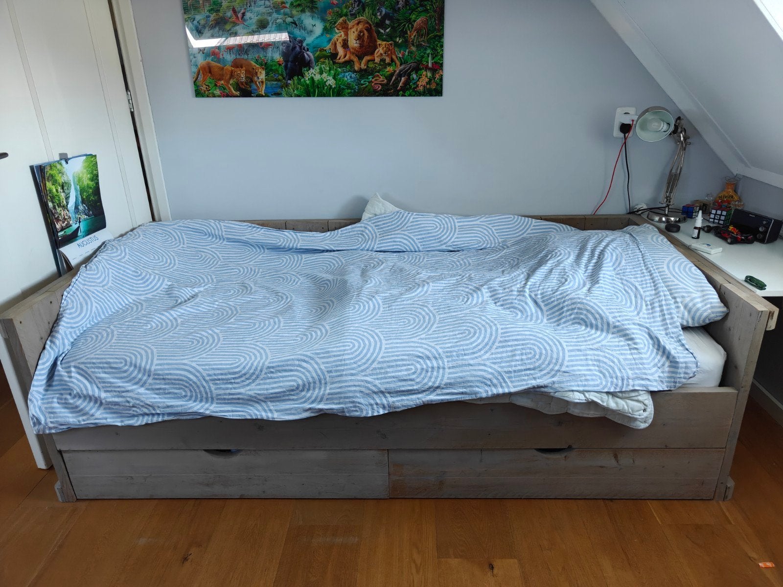 Steigerhouten bed met opberglades - Eenpersoons, Ophalen, Gebruikt, 90 cm, Eenpersoons