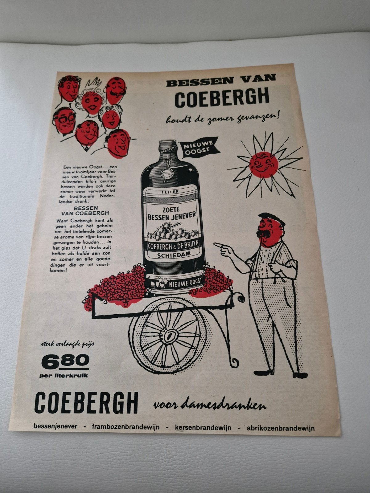 Vintage Coebergh Bessenjenever Advertentie (ca. 32x24 cm), Ophalen of Verzenden, Gebruikt, Reclamebord