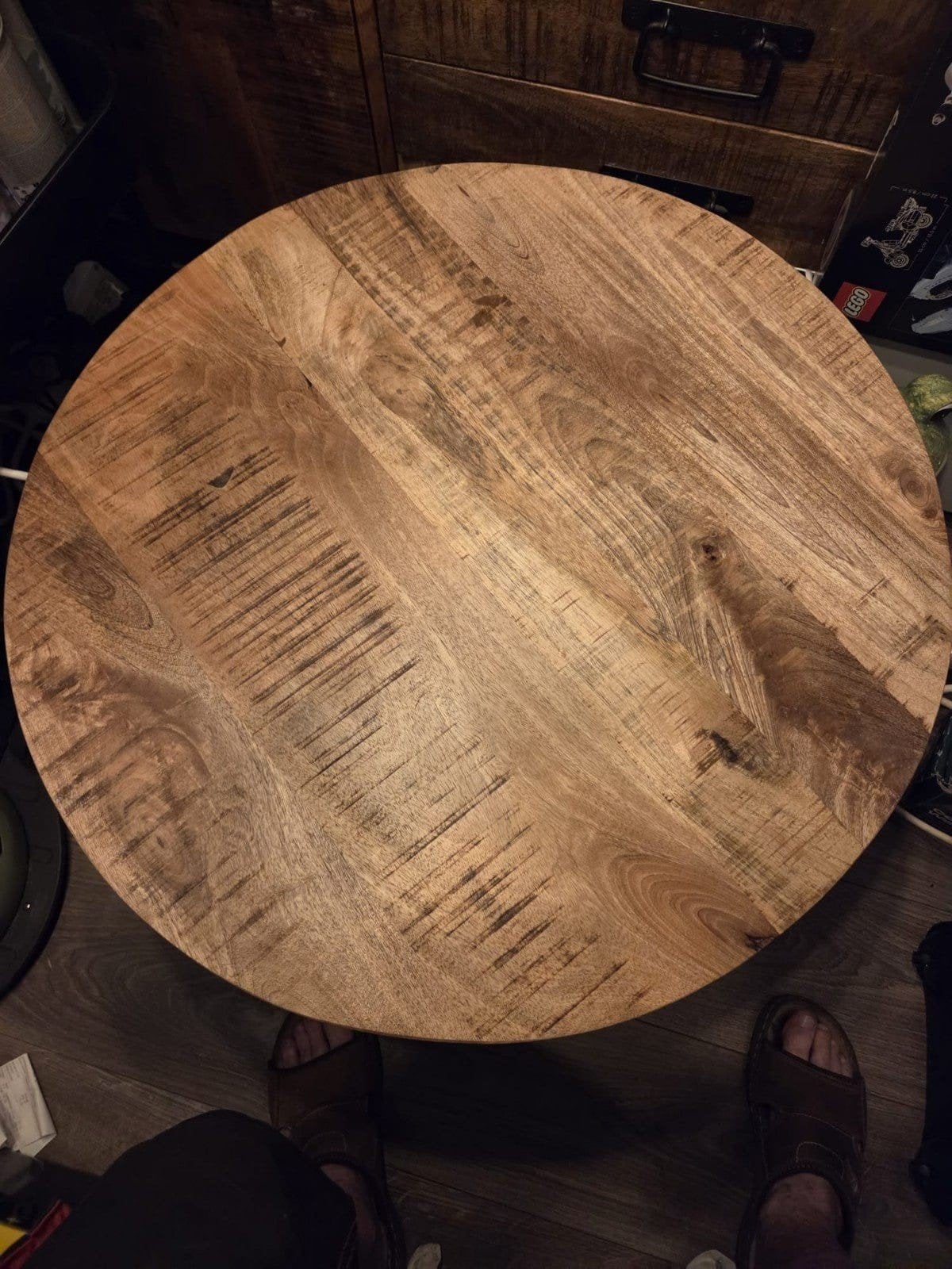 Salontafel  mangohout met zwart metalen onderstel, 50 – 75, Gebruikt, 100 tot 150 cm, Rond