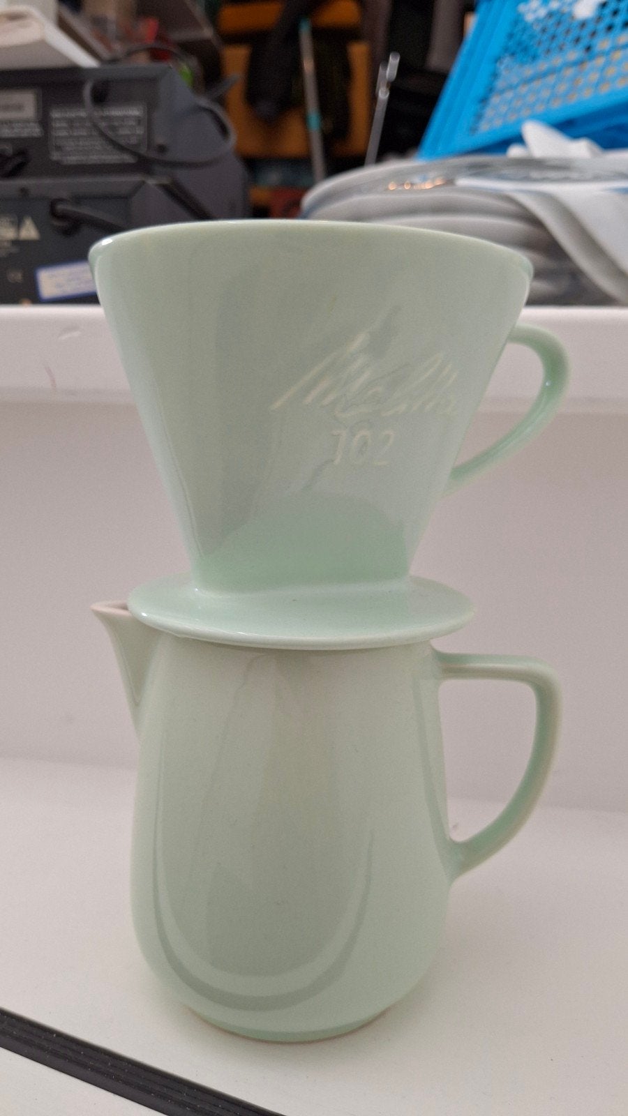Melitta 102 koffiekan met filterhouder - Mintgroen, Ophalen of Verzenden, Steen/keramiek, Overige merken, Groen