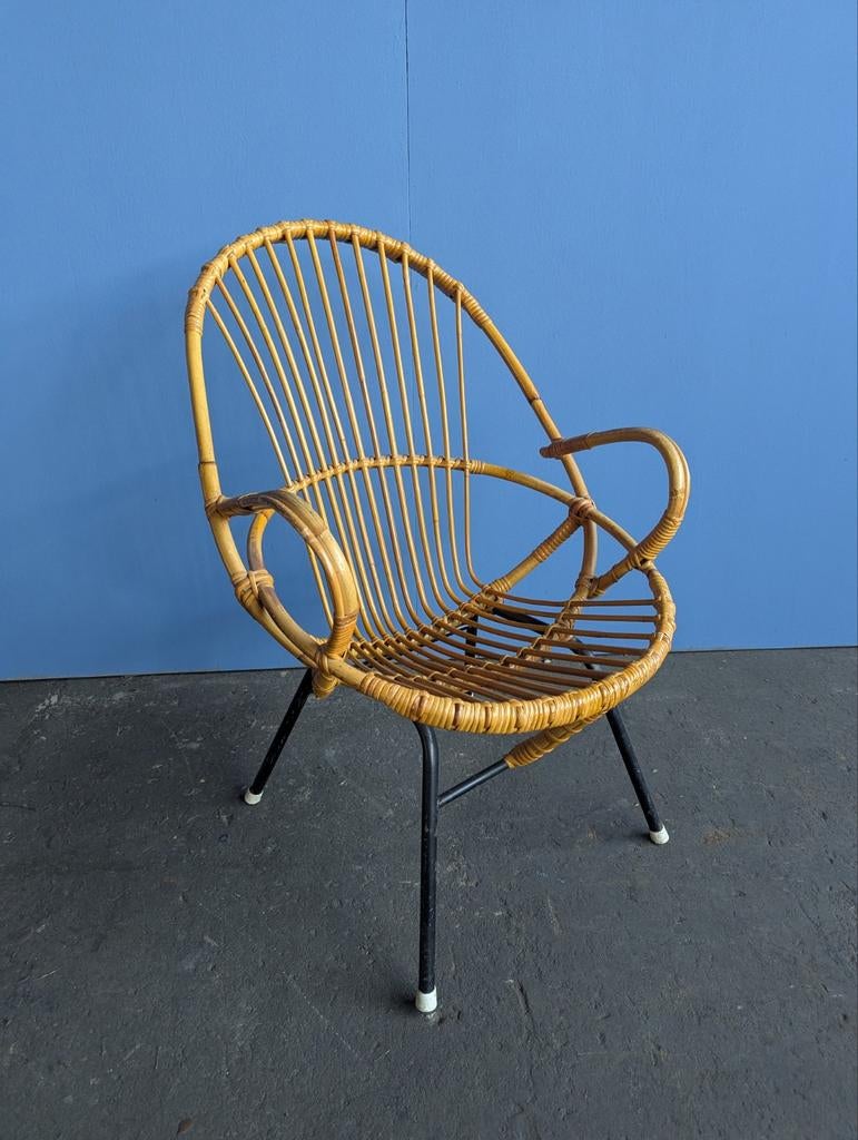 Vintage rotan fauteuil- Rohé Noordwolde/ Dirk Sliedrecht, Ophalen, Gebruikt, Zwart, Riet of Rotan