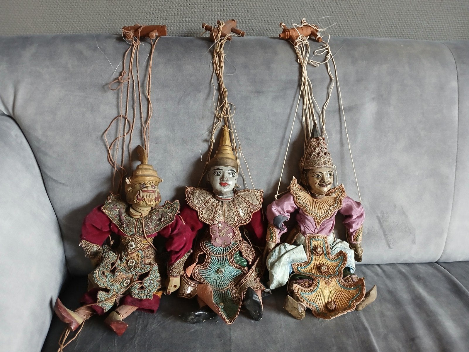 Set van 3 Vintage Birmaanse Marionetten (Yoke Thay), Verzamelen, Poppen, Ophalen of Verzenden, Gebruikt, Pop