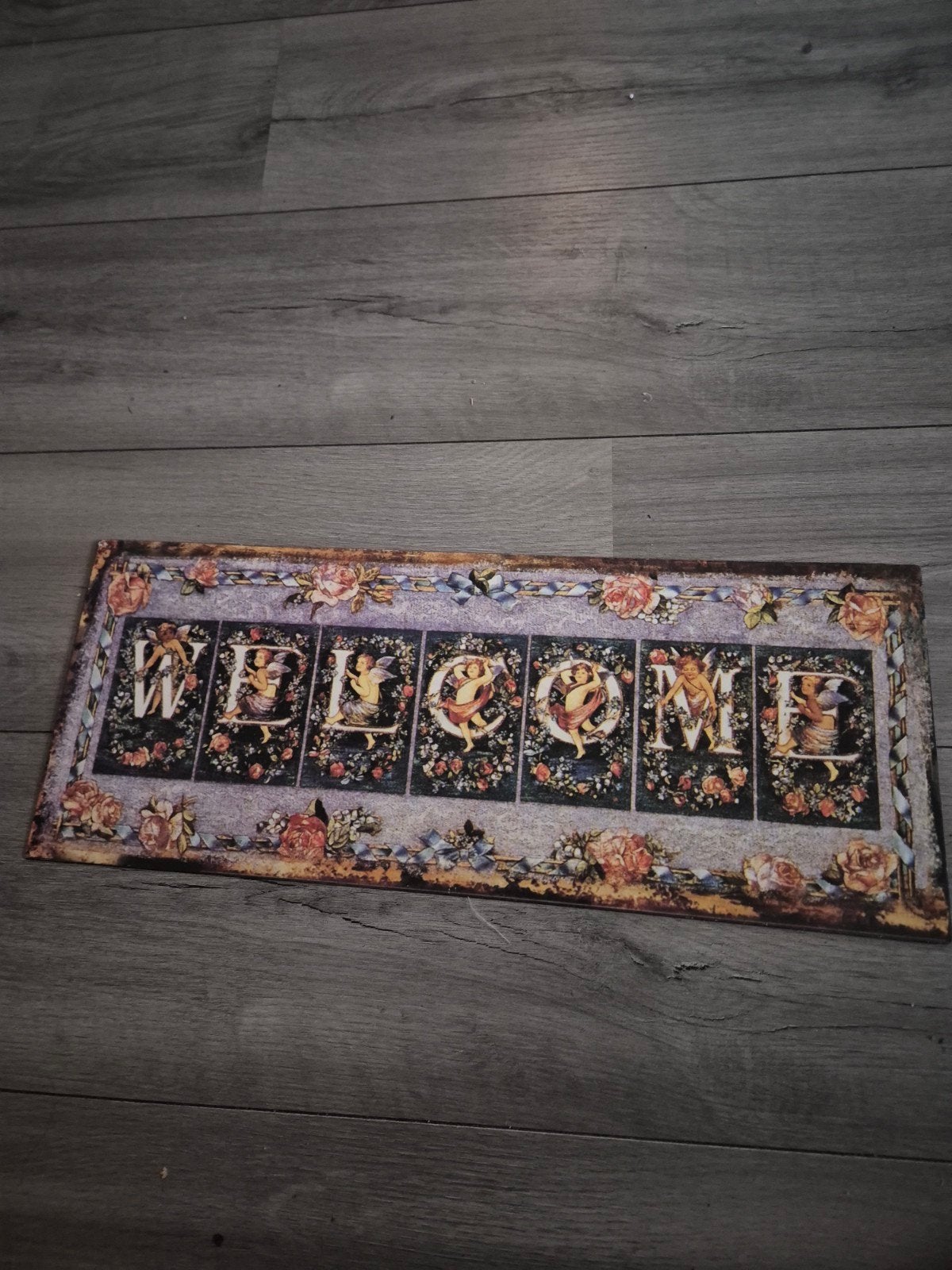 Retro metalen wandbord 'Welcome' met engeltjes, Metaal, Gebruikt, Vintage, Ophalen of Verzenden