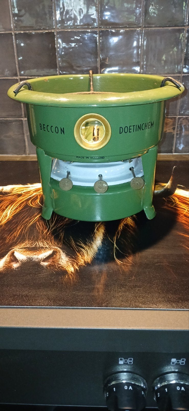 Beccon Doetinchem 3-pits petroleumstel - donkergroen, Antiek en Kunst, Antiek | Emaille, Ophalen of Verzenden