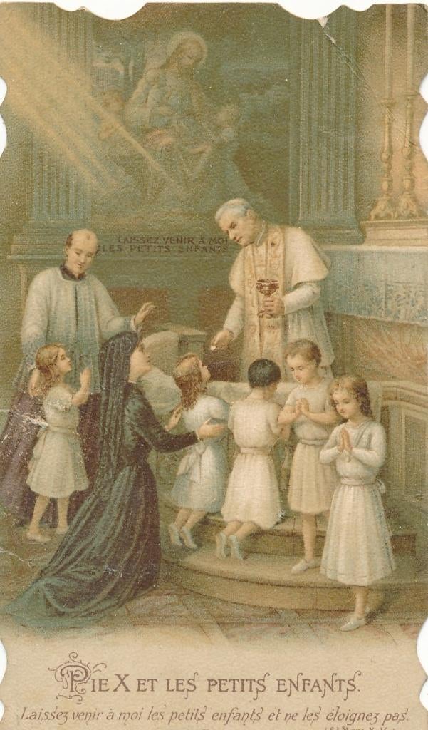 Oud devotie prentje van Paus Pius X met kindercommunie, Ophalen of Verzenden, Zo goed als nieuw, Kaart of Prent, Christendom | Katholiek