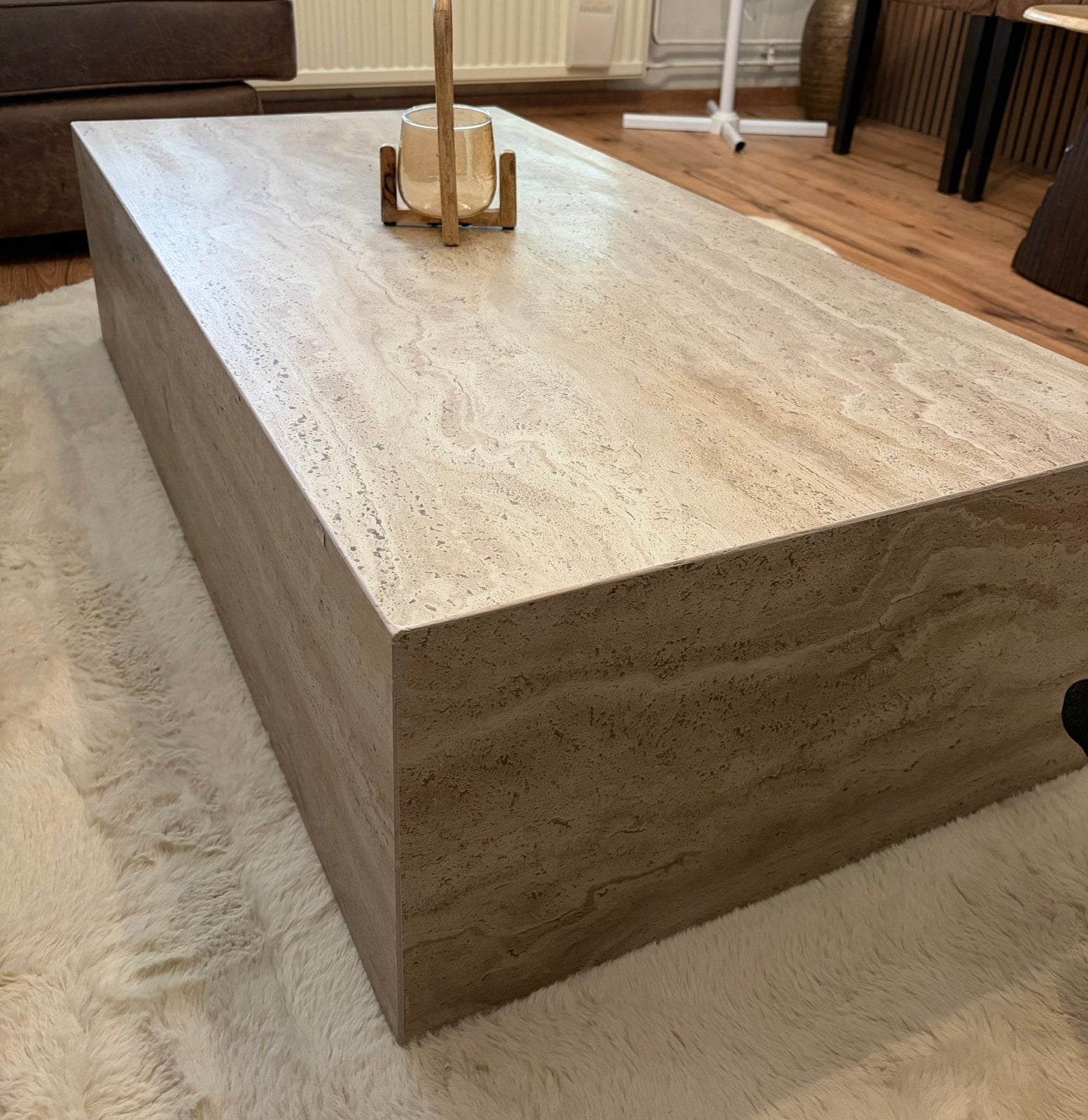 Salontafel beige travertijn look, Ophalen, Overige materialen, 100 tot 150 cm, Nieuw