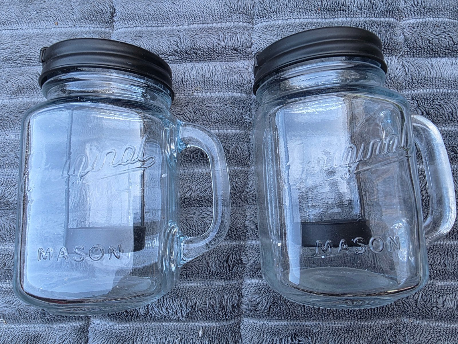 Set van 2 industriële Mason Jar waxinelichthouders lantaarns, Ophalen of Verzenden, Gebruikt, Meerkleurig, Glas
