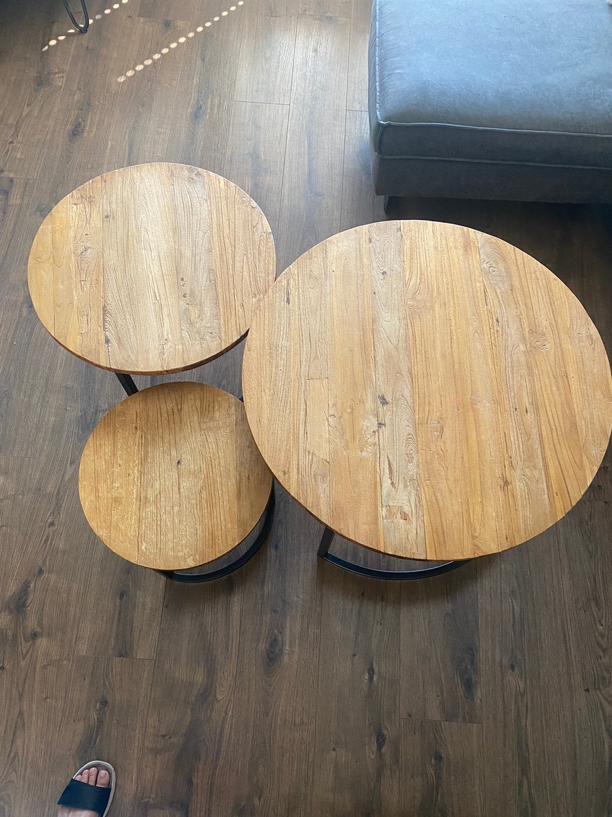 3 Salontafels, robust mooi houten blad met zwart onderstel, Minder dan 55 cm, Rond, Zo goed als nieuw, Hout
