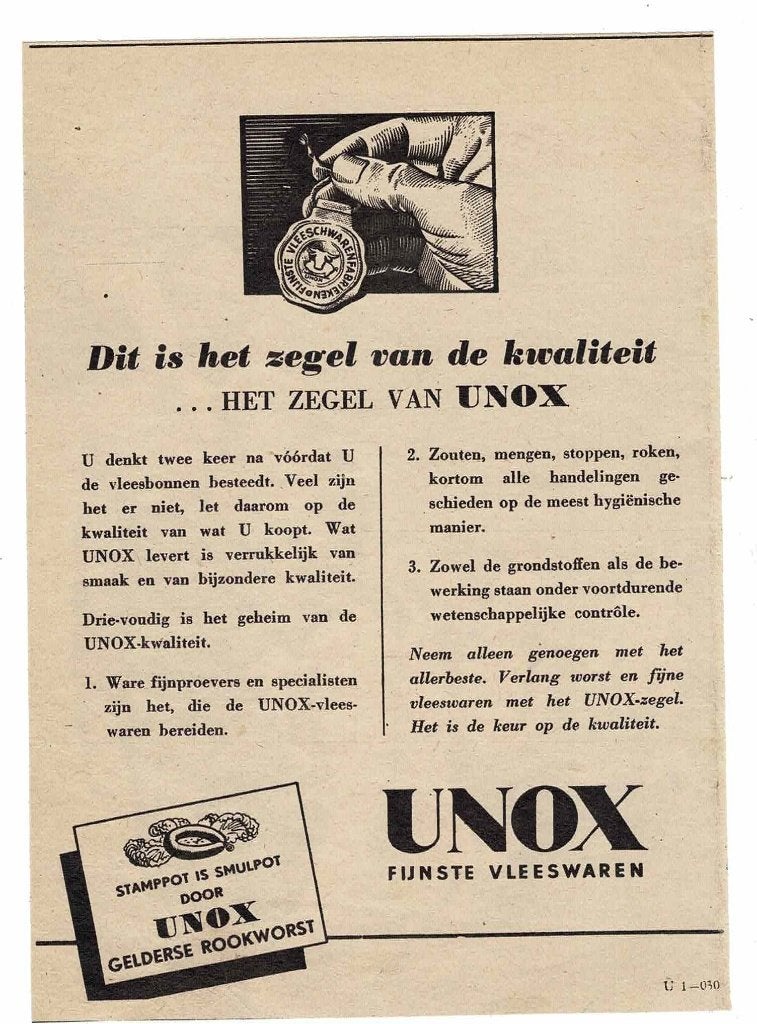 Dit is de zegel van kwaliteit, het zegel van UNOX VLEESWAREN, Verzenden, Zo goed als nieuw, Overige typen