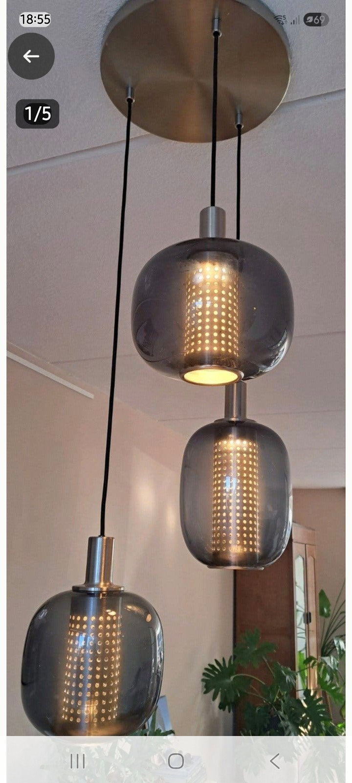 Hanglamp met 3 glazen kappen, Ophalen, Zo goed als nieuw, Glas