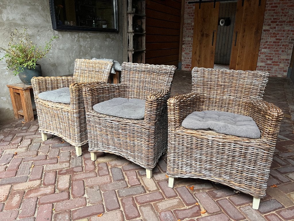 Drie degelijke rieten stoelen, Tuin en Terras, Tuinstoelen, Ophalen, Zo goed als nieuw, Rotan