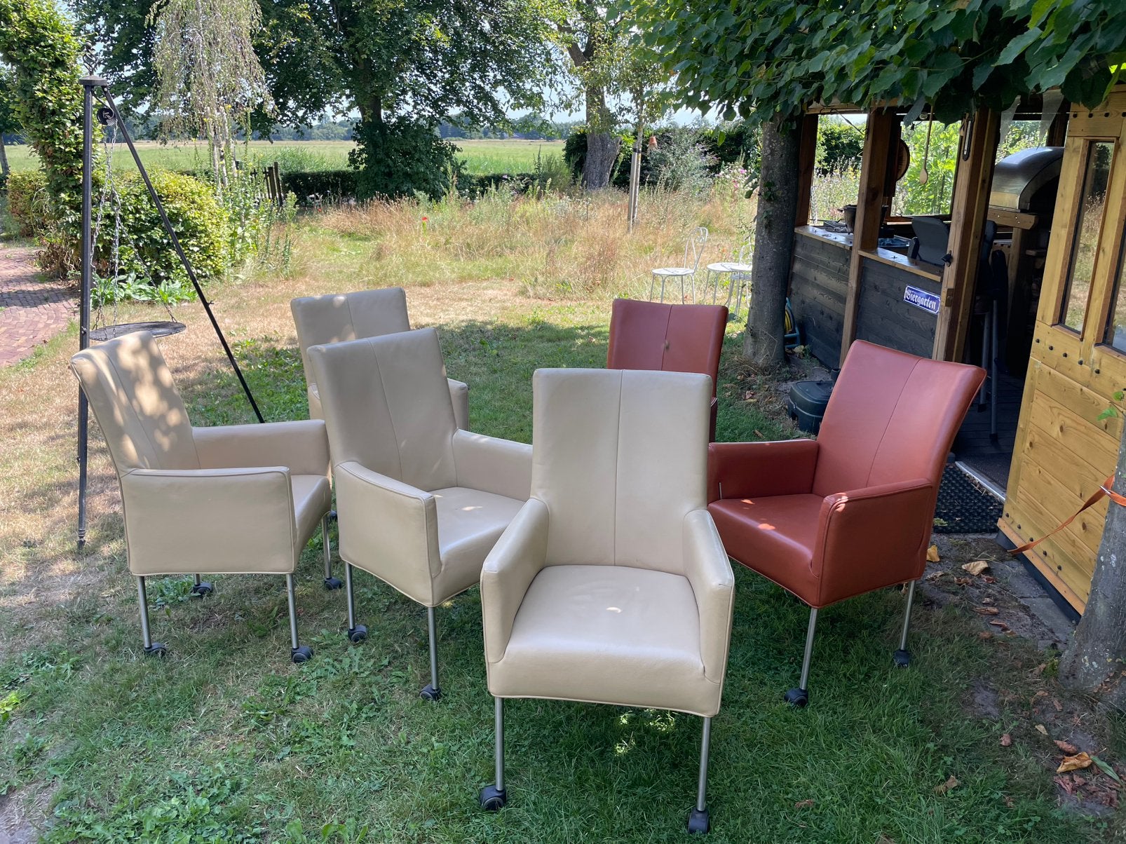 Leren eetkamerstoelen. In goede staat. Crème en bruin., Huis en Inrichting, Ophalen, Gebruikt, Overige kleuren, Vijf, Zes of meer stoelen