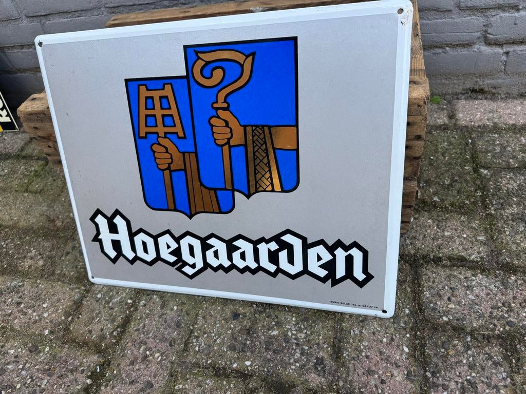 Vintage Hoegaarden reclamebord - Email Belgisch, Reclamebord, Gebruikt, ., Ophalen of Verzenden