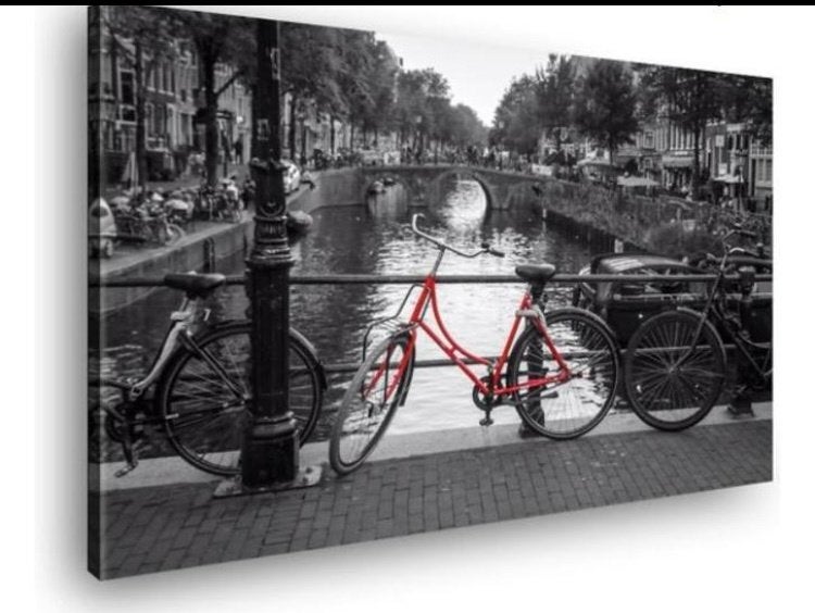 Rode fiets op Amsterdamse brug, schilderij, Antiek en Kunst, Ophalen, Stadsgezicht
