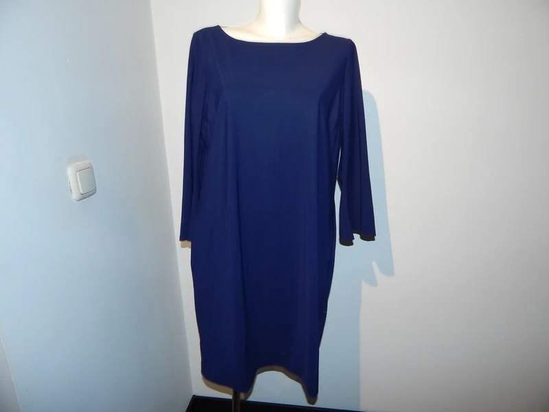 Ladress donker blauwe stretch jurk uitlopende mouw XXL, Maat 46/48 (XL) of groter, Zo goed als nieuw, Knielengte, LaDress