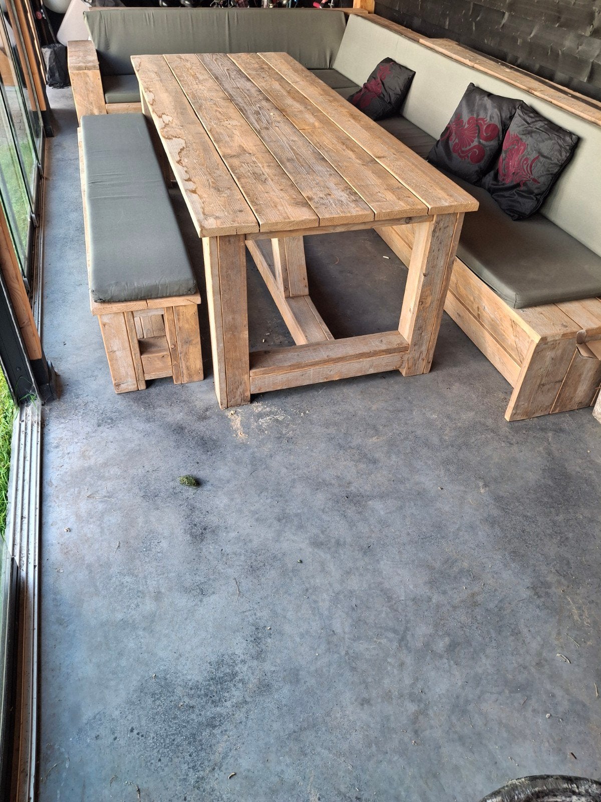 steigerhout hoekbank met tafel en bank, Ophalen, Gebruikt, 50 tot 100 cm, Vijf personen of meer