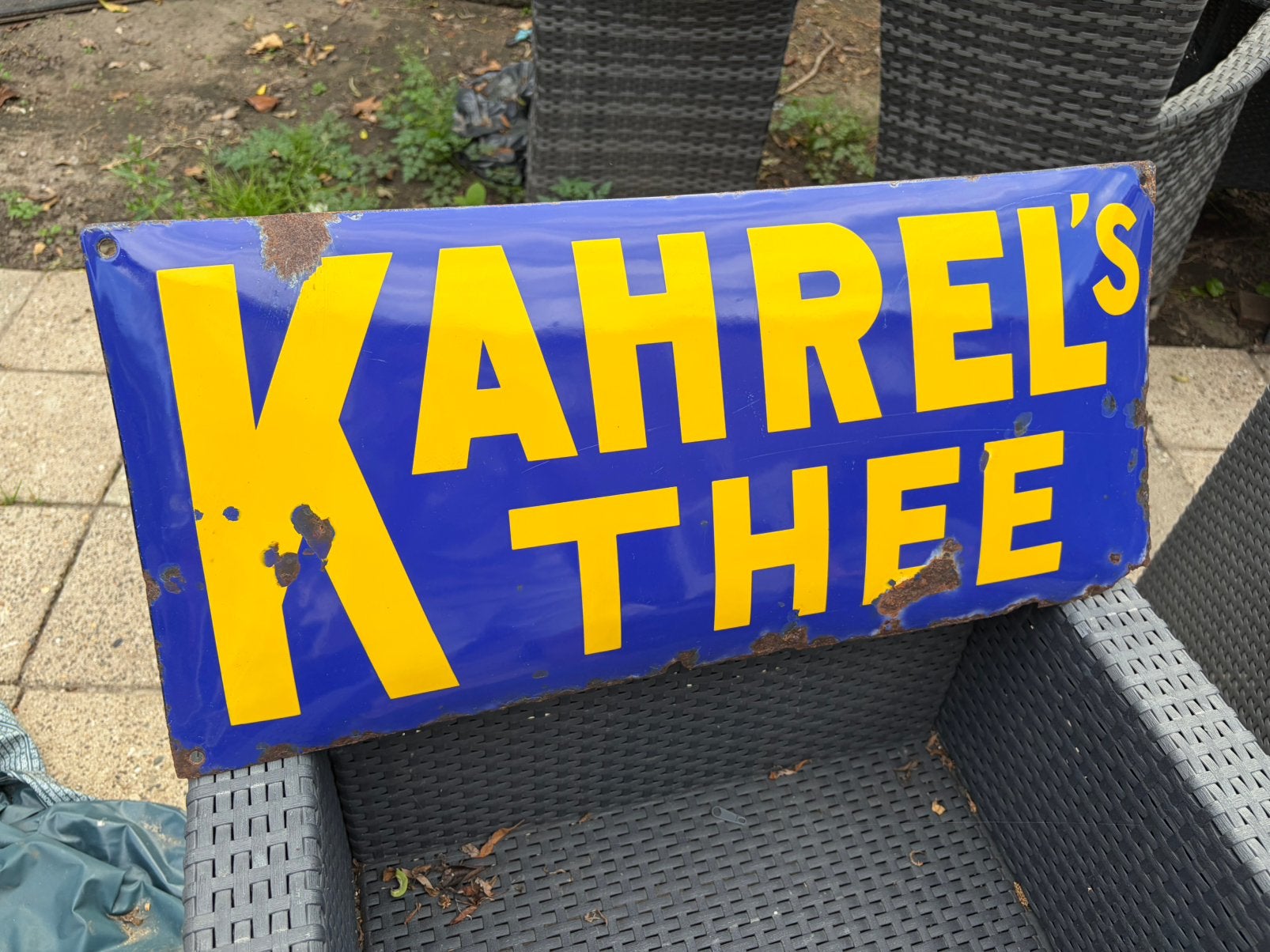 Emaille bord kahrel’s thee, Verzamelen, Ophalen of Verzenden, Gebruikt, Reclamebord