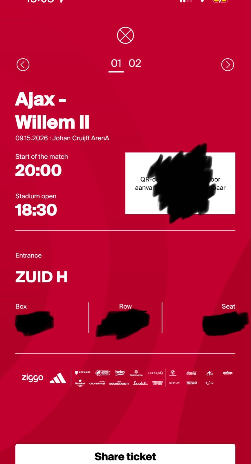 Ajax vs Willem II  2x F-Side Tickets te koop, Tickets en Kaartjes, Twee personen