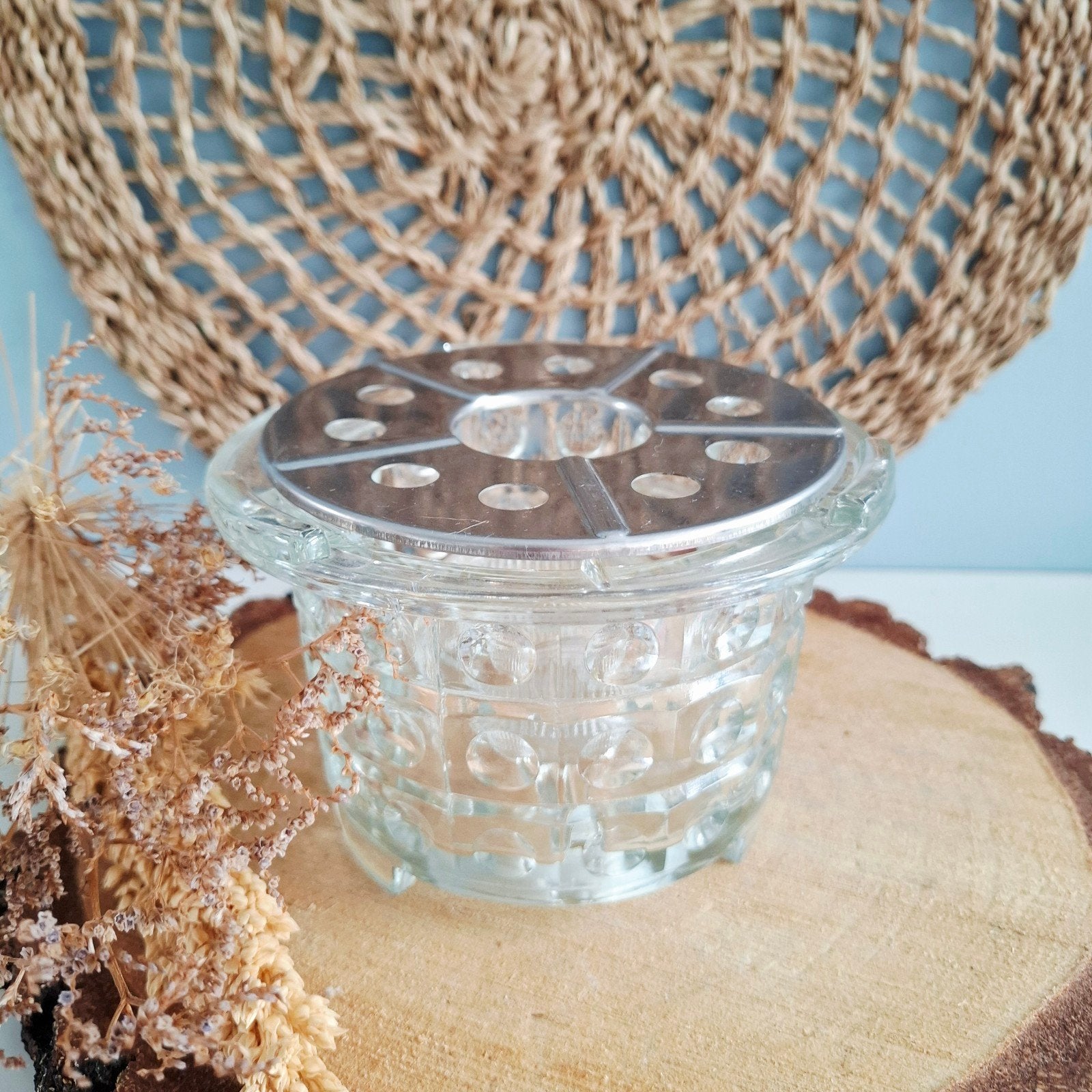 Vintage glazen theelichtje met metalen rooster, Antiek en Kunst, Ophalen of Verzenden
