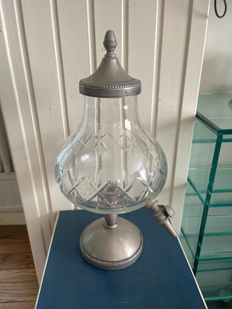 Vintage Glazen Drankdispenser met Tin Details, Antiek en Kunst, Antiek | Glas en Kristal, Ophalen of Verzenden