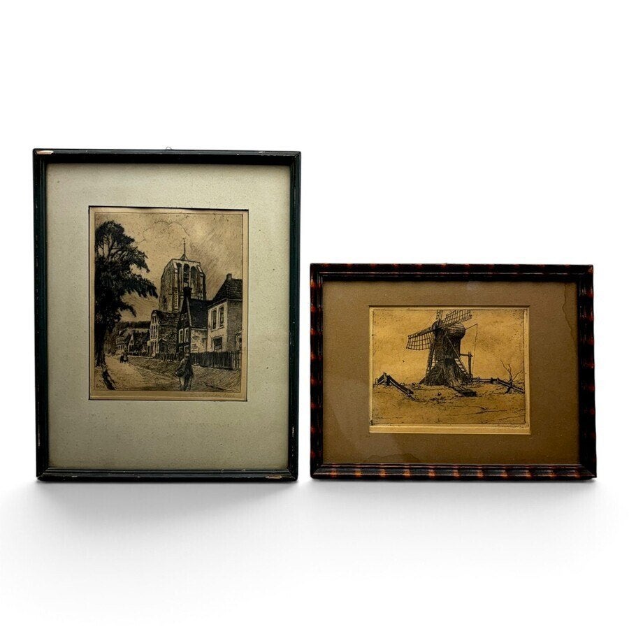 Andries van der Sloot (1883 -1955), twee etsen, Antiek en Kunst, Ophalen of Verzenden, Landschap, Ets, Ingelijst