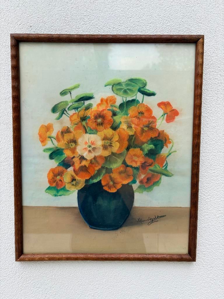 Vintage Schilderij: Oost-Indische Kers Bloemen in Vaas, Antiek en Kunst, Ophalen