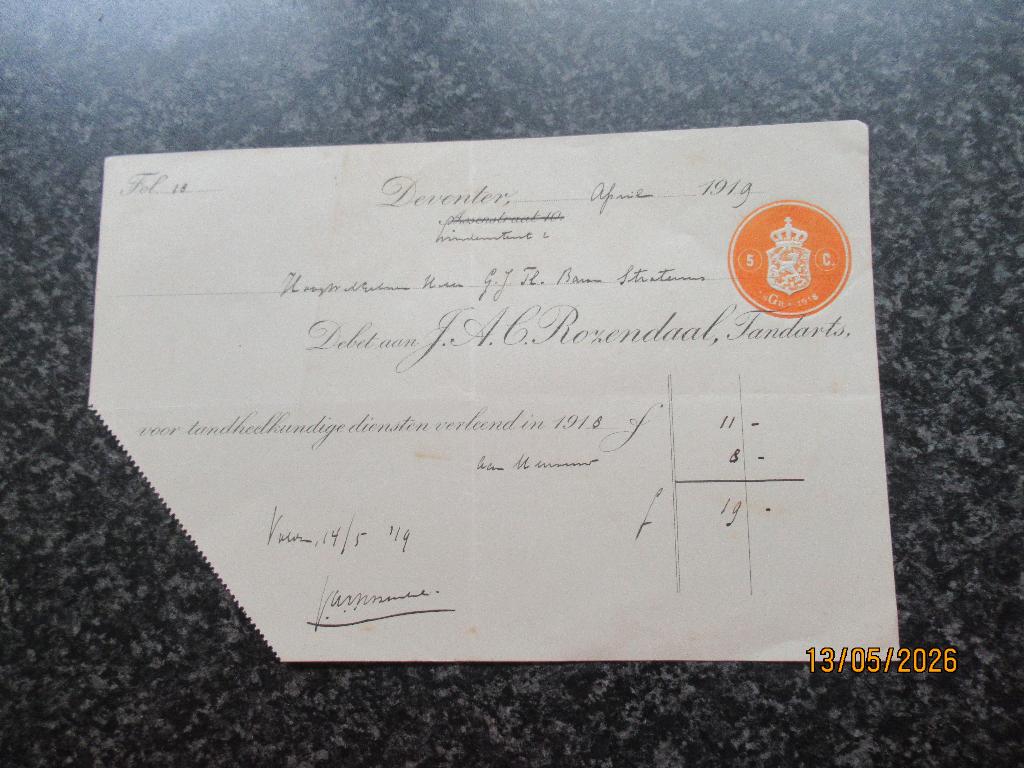 NOTA TANDARTS ROZENDAAL DEVENTER MET FISCAAL ZEGEL -1919, Ophalen of Verzenden
