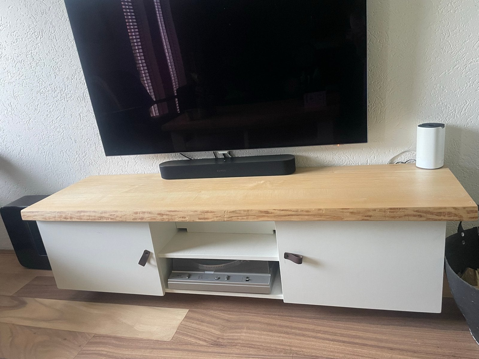 Zelfgemaakt TV Meubel met Massief Essenhouten Blad (4cm), Ophalen, Gebruikt, 100 tot 150 cm, Minder dan 100 cm