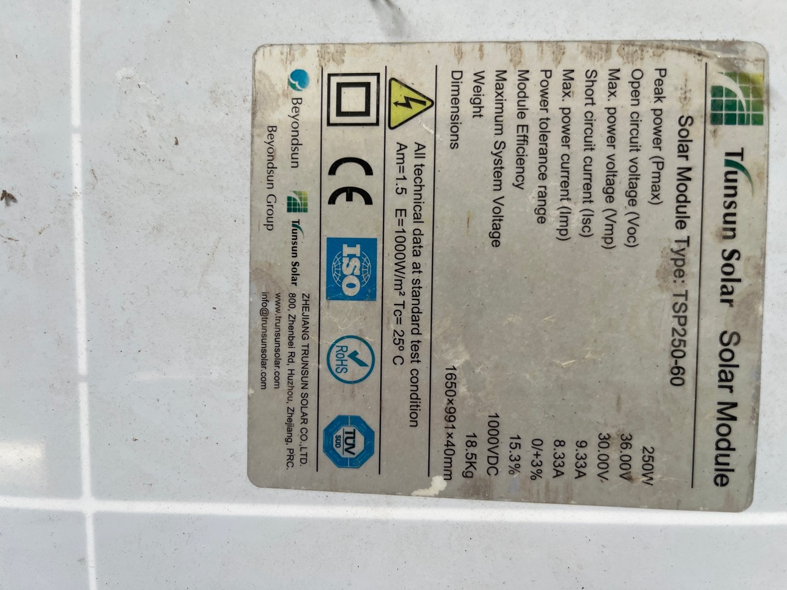 5 stuks Trunsun Solar Paneel TSP250-60 - 250Wp, Ophalen, Gebruikt
