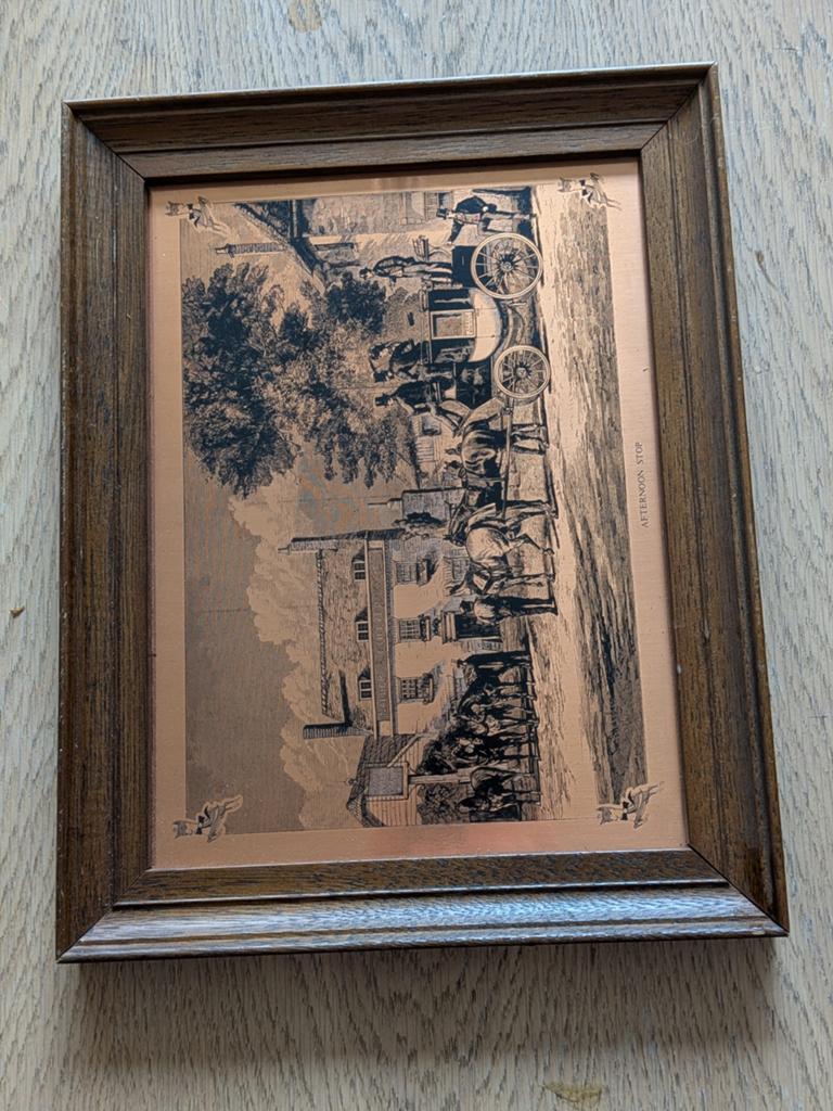 Kopergravure 'Afternoon Stop' in houten lijst, Antiek en Kunst, Kunst | Etsen en Gravures, Dagelijks leven, Ingelijst, 1800 - 1899