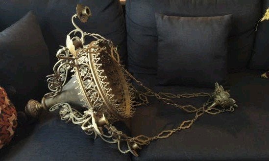 Grote godslamp, kerklamp, kandelaar koper, Ophalen, Gebruikt, Overige fittingen, Gothic, kerk, antiek, koper, kandelaar