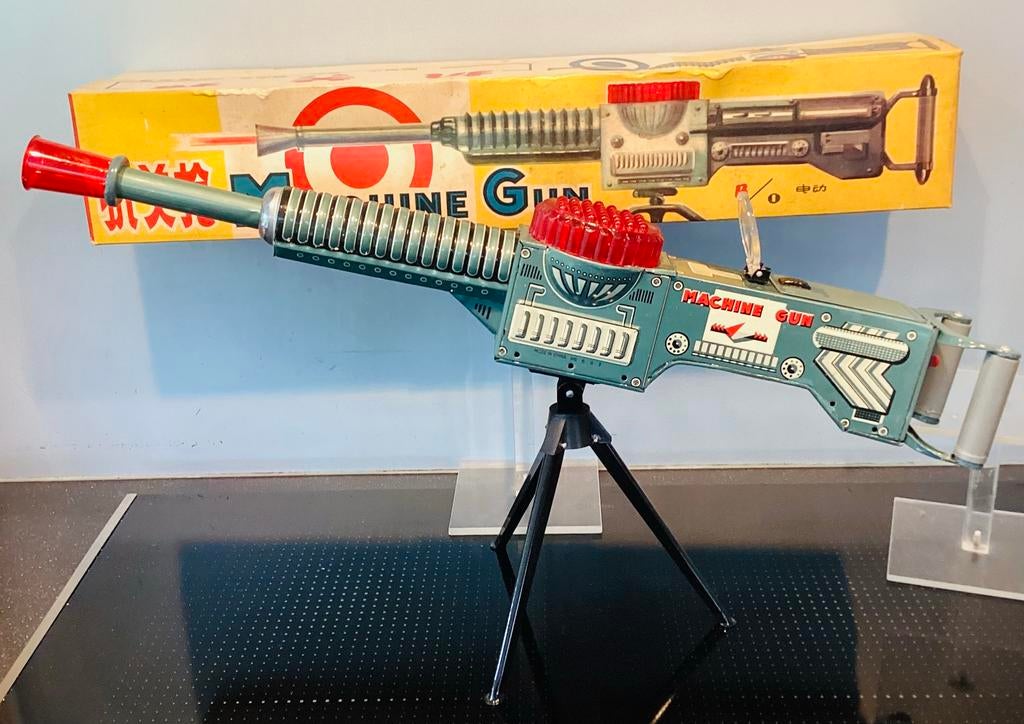 Vintage 1960’s Blikken Machine Gun,battery toy, ME 602,OVP, Ophalen