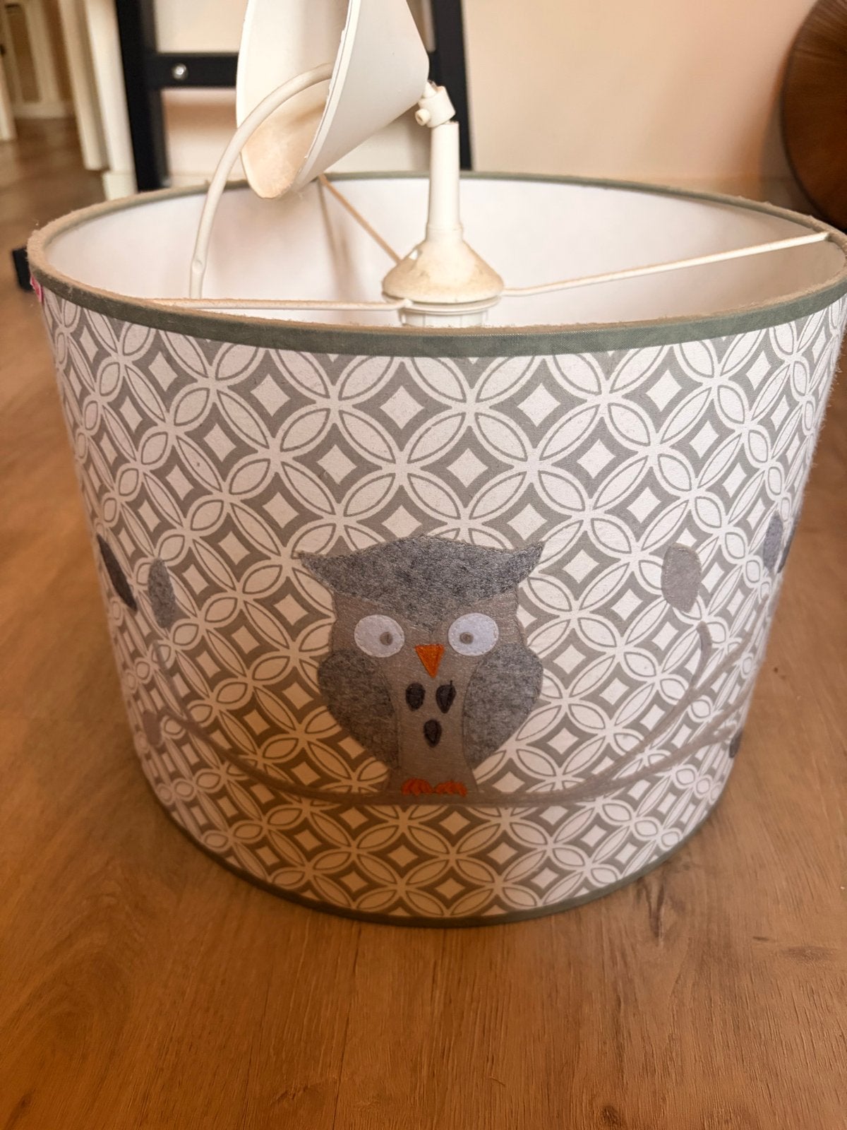 Taftan Hanglamp Uil Grijs - Retro Design Kinderkamer Lamp, Ophalen of Verzenden, Gebruikt, Textiel, E27 (groot)